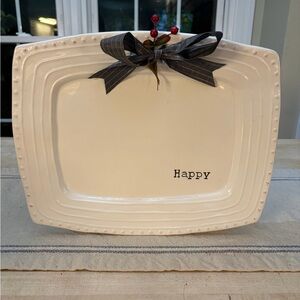 Mud Pie White Hostess “Happy” Serving Platter with Bow & Berries EUC 12” x 15”